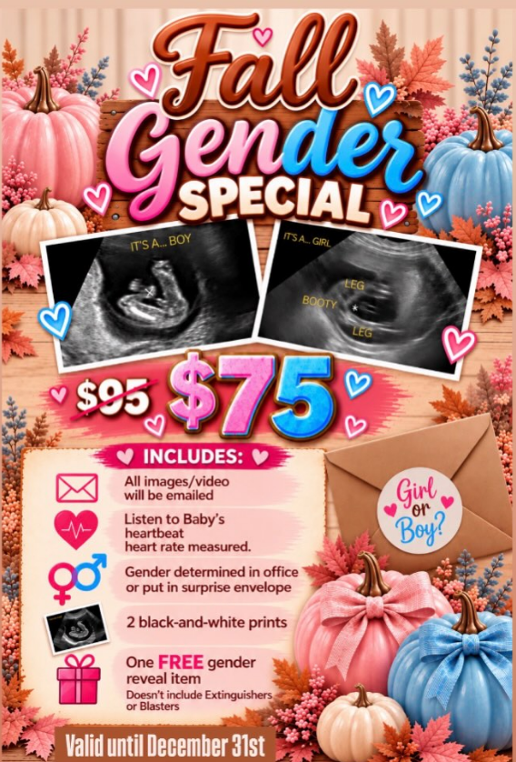 Fall Gender Special · $75. 13 weeks and later. Available now at Las Vegas and Laughlin. Appointments must be on or before December 31, 2026. Optional digital frame: $75 extra.